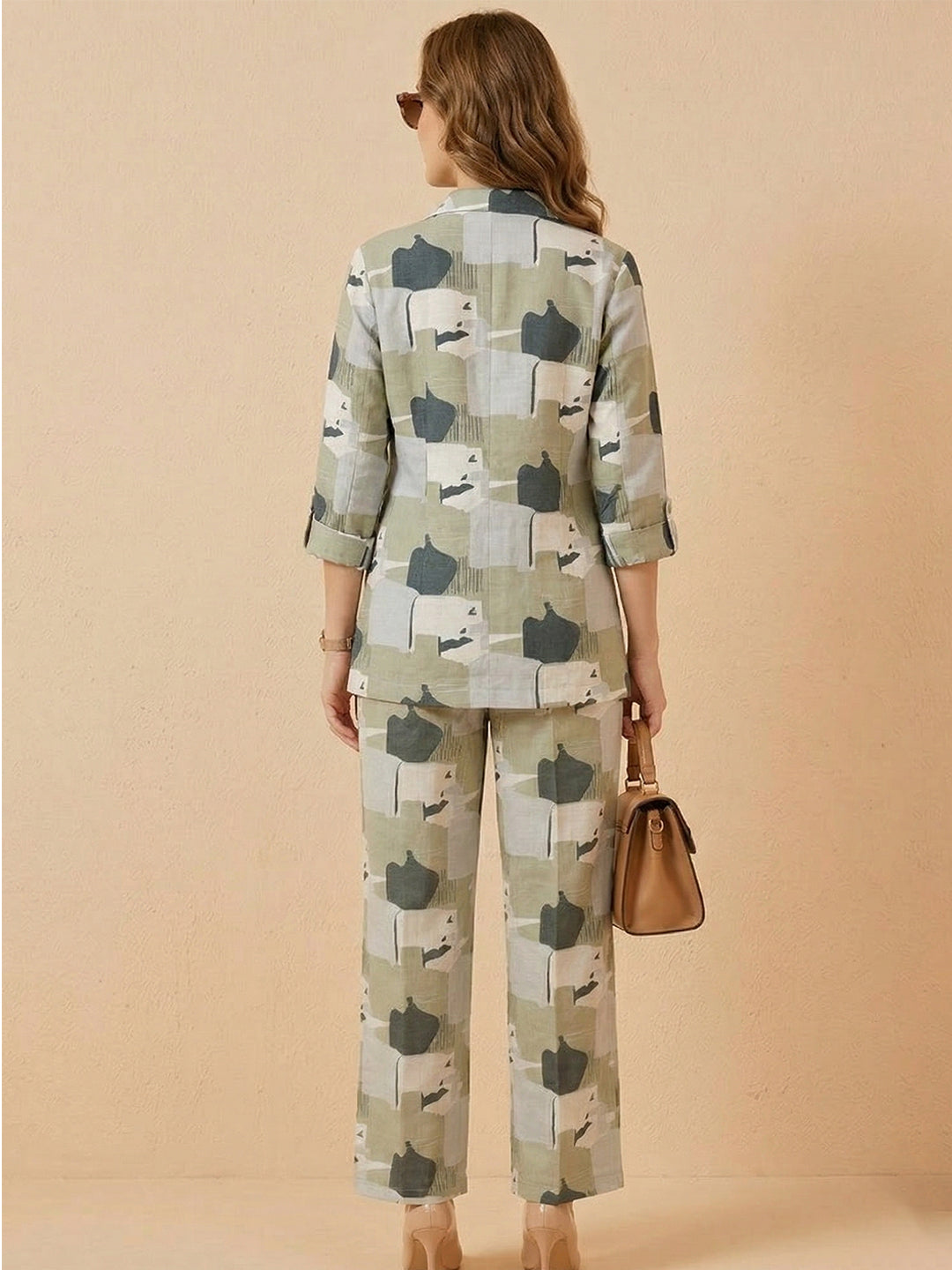 Sage Green Abstract Print Cotton Co-ord Set – Notch Lapel Shirt & Straight Pants
