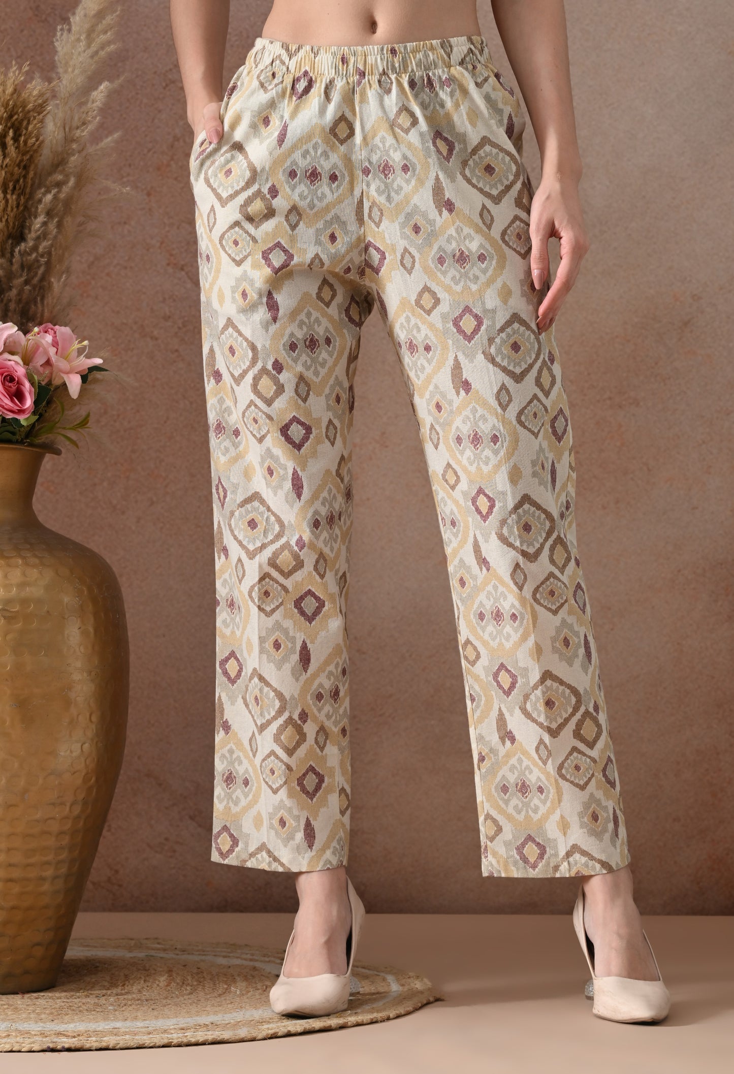 Beige Ikat Print Cotton Co-ord Set – Collared Tunic Top & Straight Pants