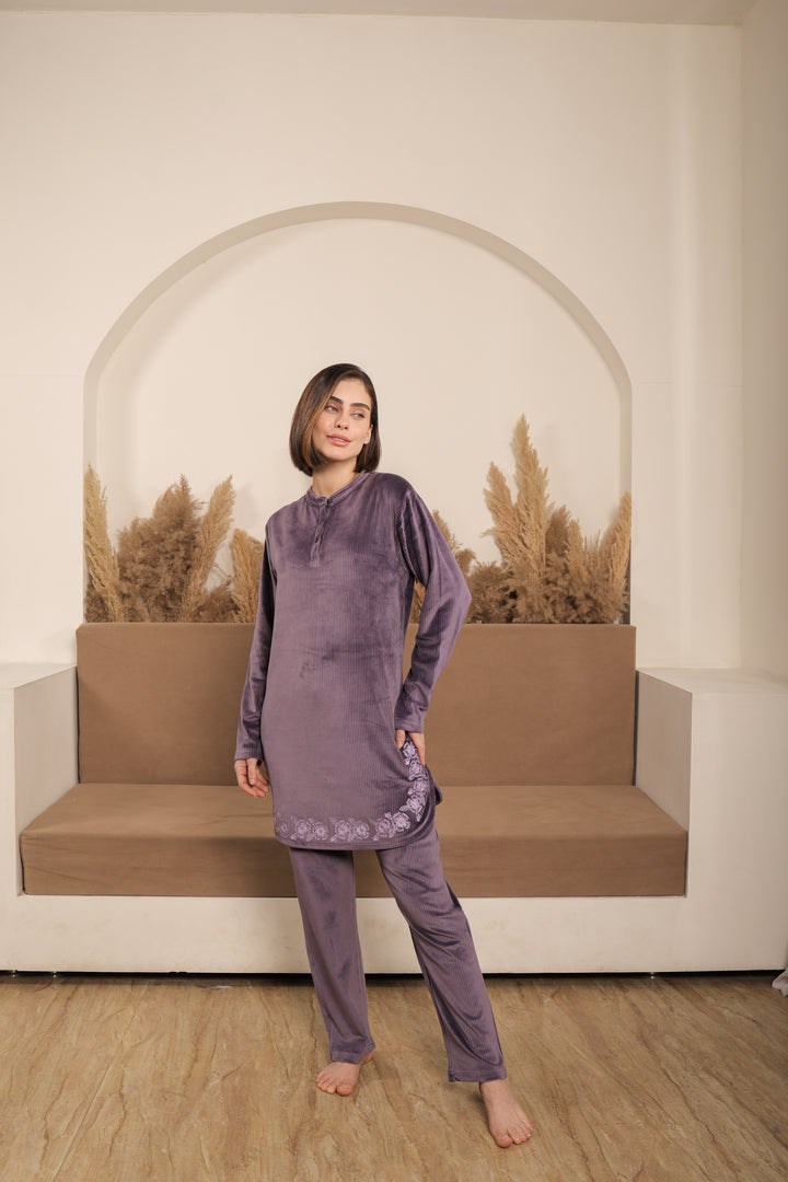 Embroidered Ethnic Kurta Set in Soft Velour