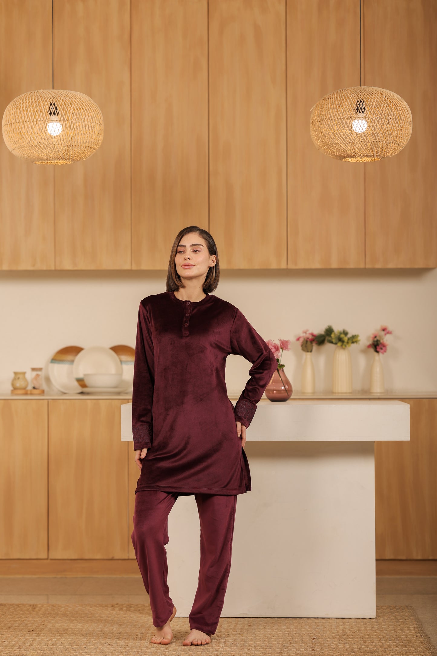 Kiza Women’s Henley Neck Embroidered Night Suit