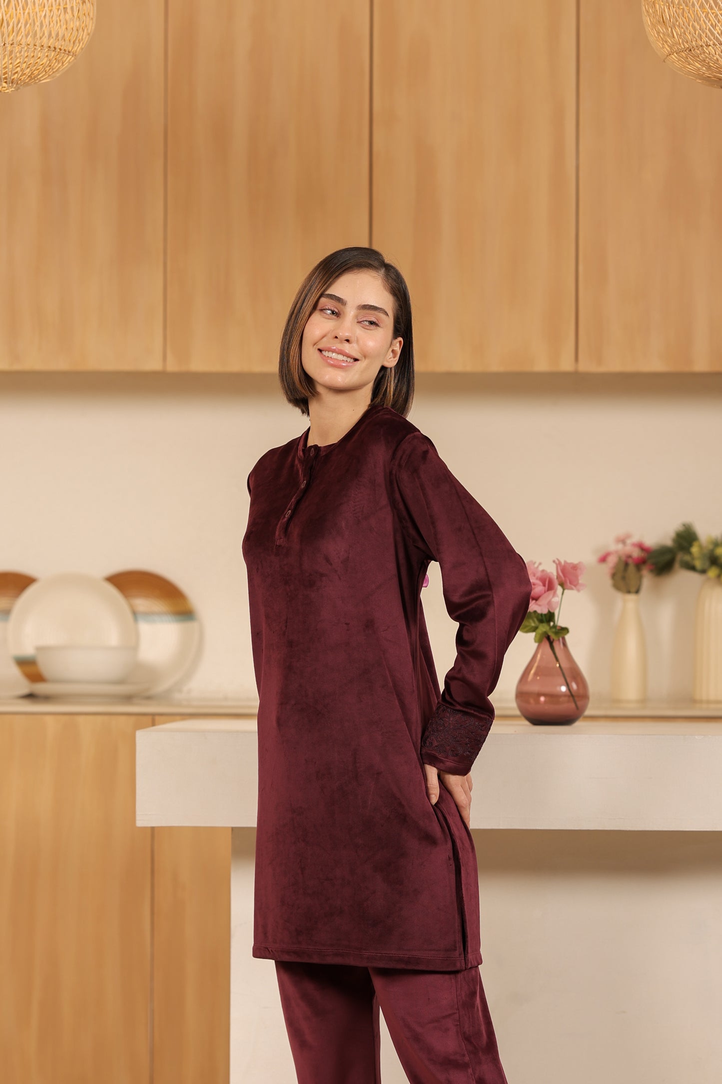 Kiza Women’s Henley Neck Embroidered Night Suit