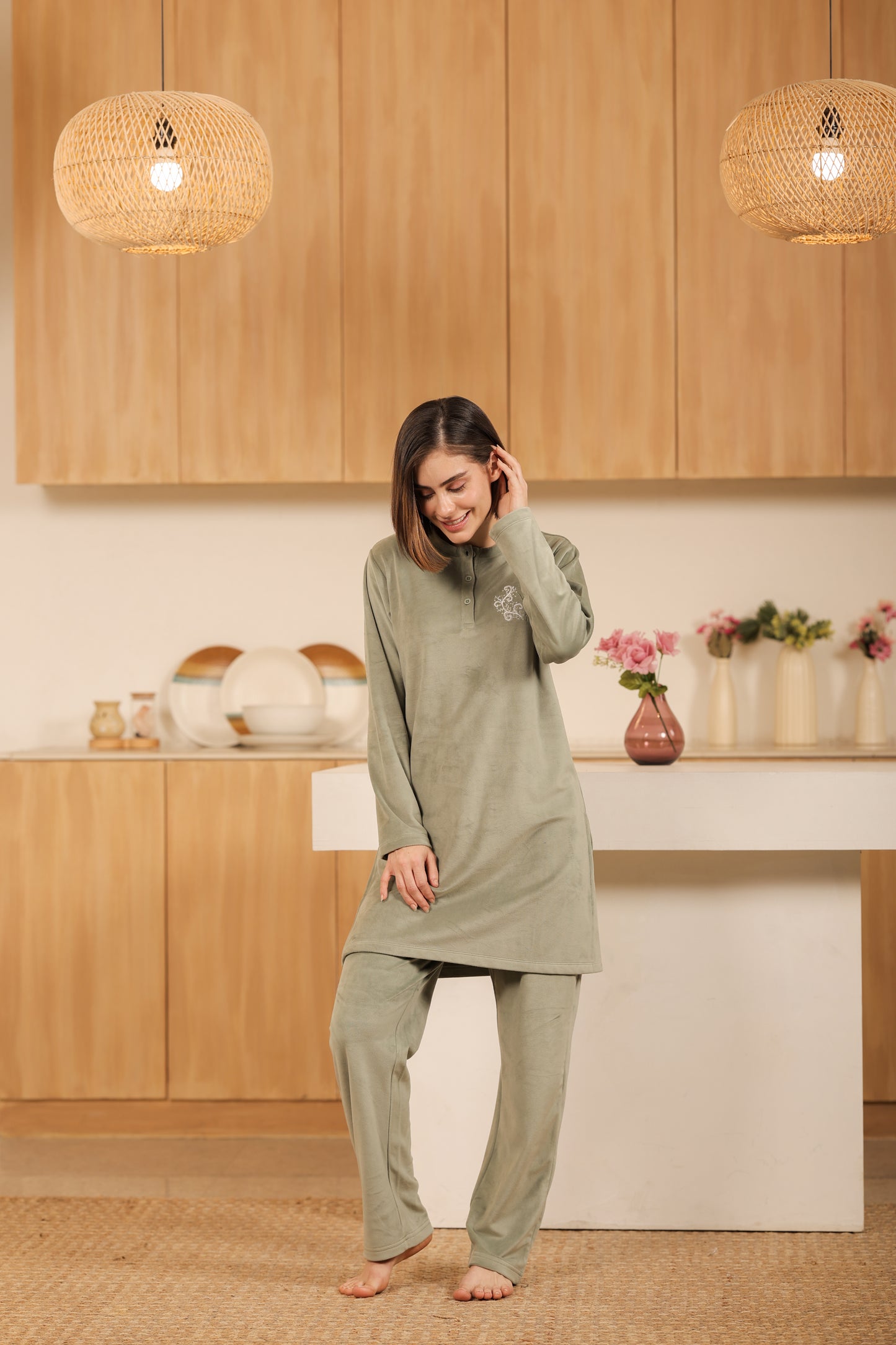 Kiza Women’s Embroidered Kurta-Style Night Suit
