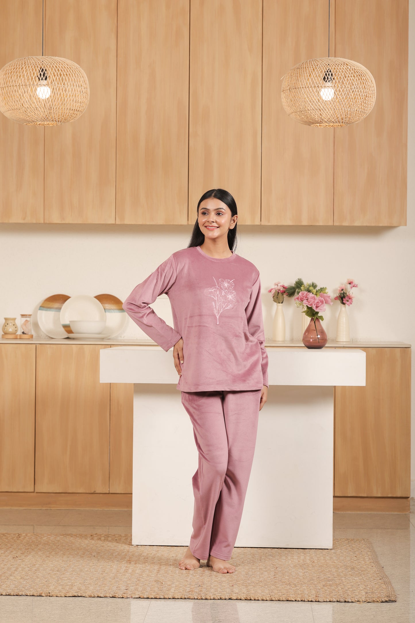 Kiza Women’s Round Neck Embroidered Night Suit