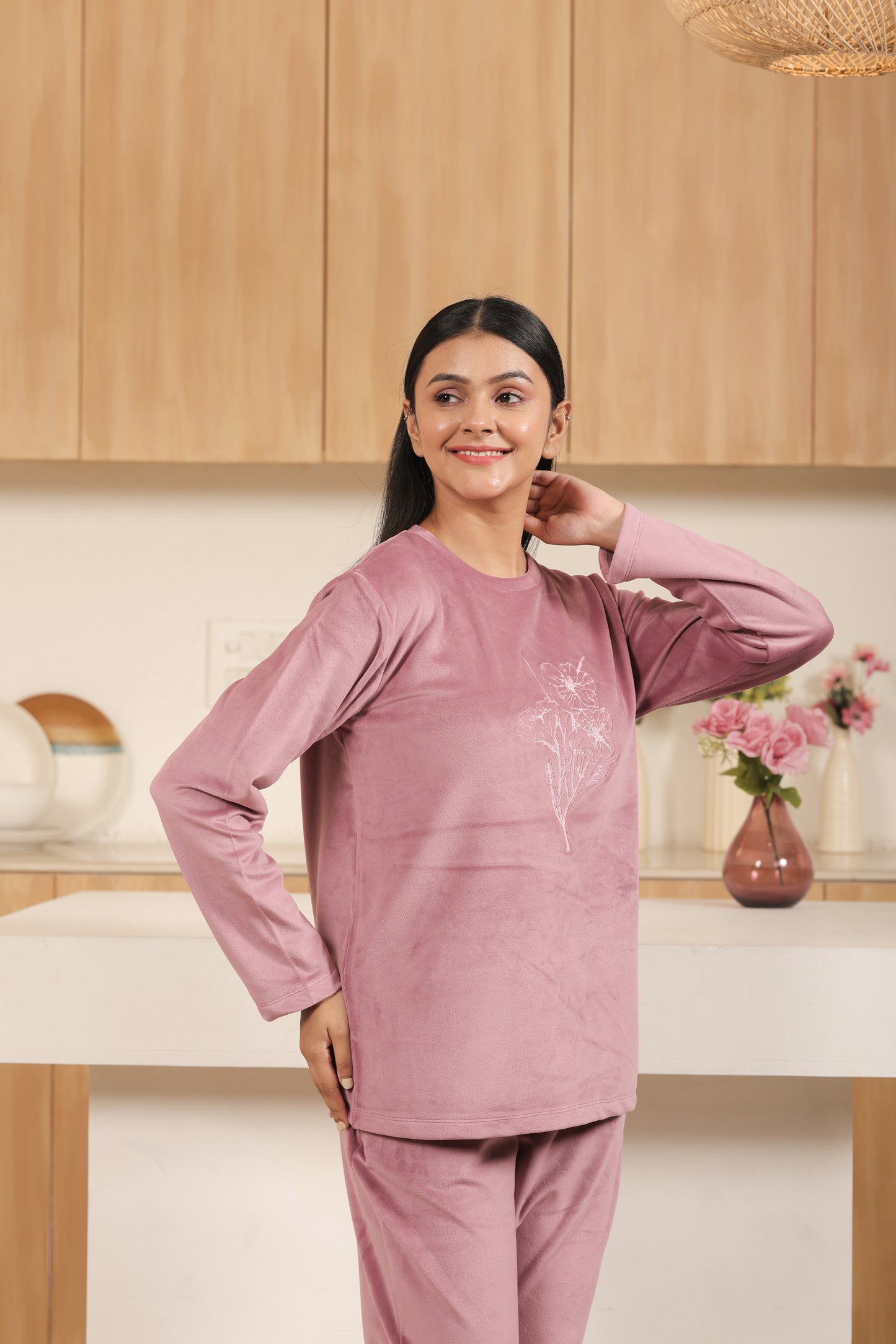 Kiza Women’s Round Neck Embroidered Night Suit