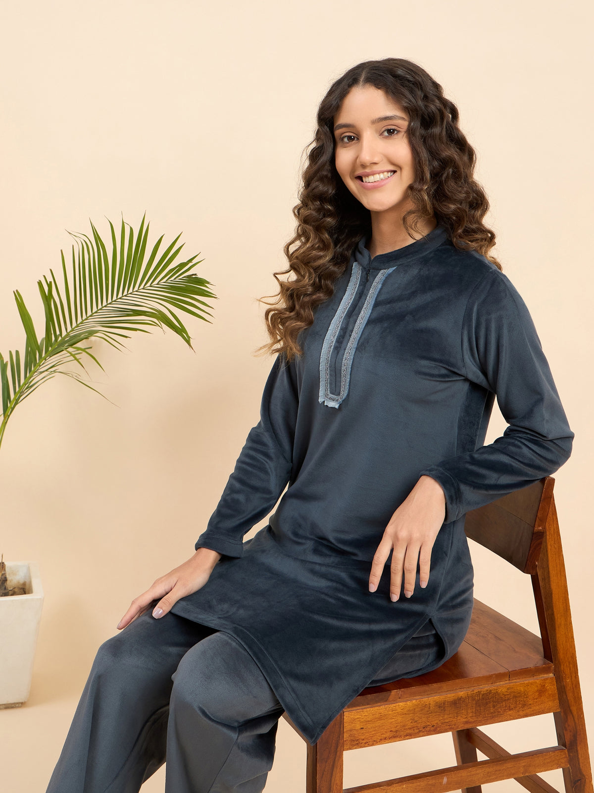 Charcoal Grey Embroidered Velour Kurta-Style Lounge Set - KIZA