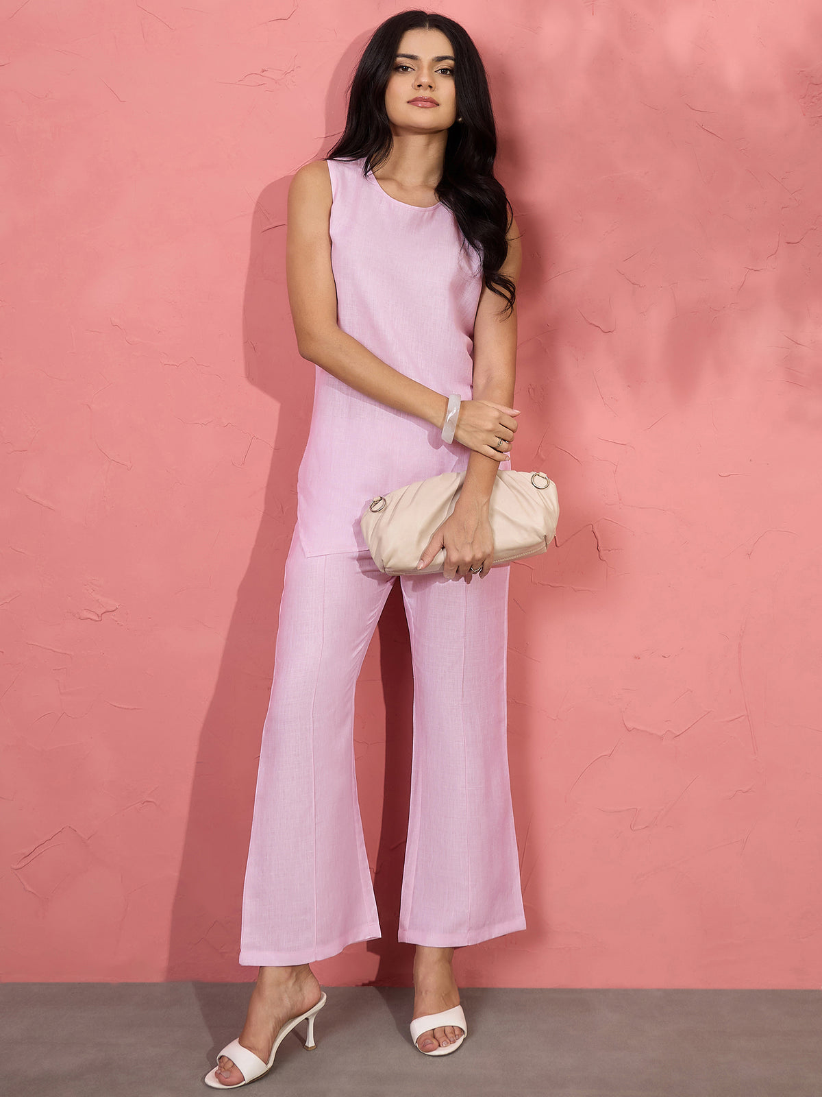 Baby Pink Sleeveless Asymmetric Top & Flared Pants Co-ord Set - KIZA
