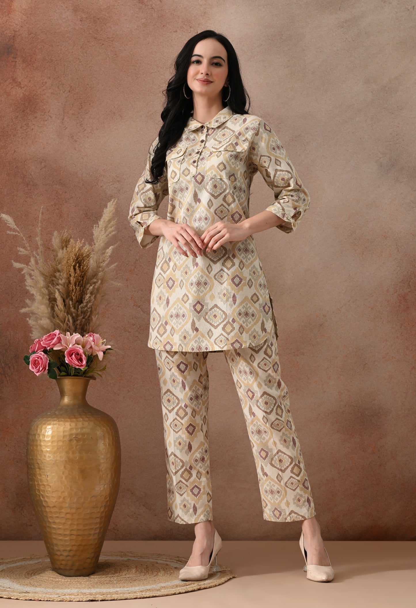 Beige Ikat Print Cotton Co-ord Set – Collared Tunic Top & Straight Pants