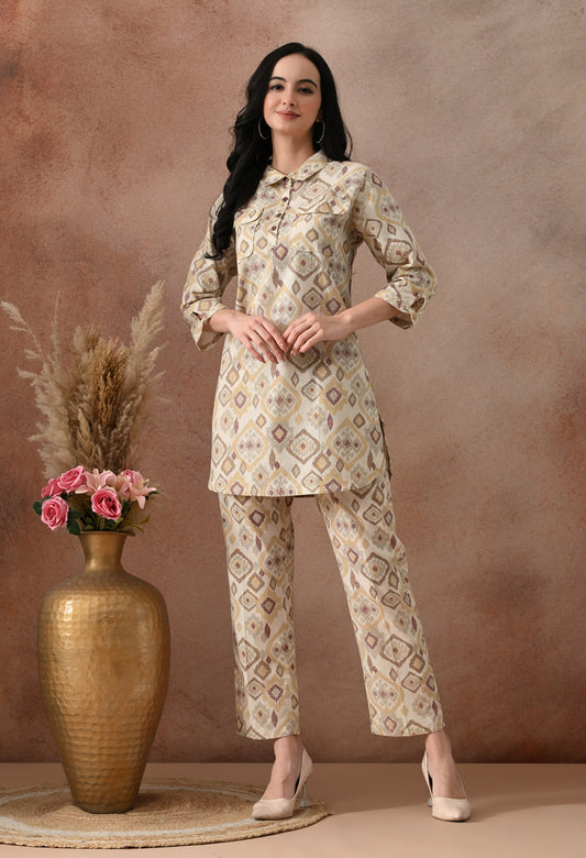 Beige Ikat Print Cotton Co-ord Set – Collared Tunic Top & Straight Pants