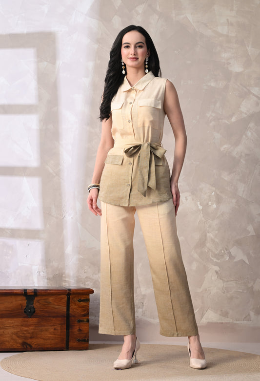 Beige Linen Blend Utility Co-Ord Se