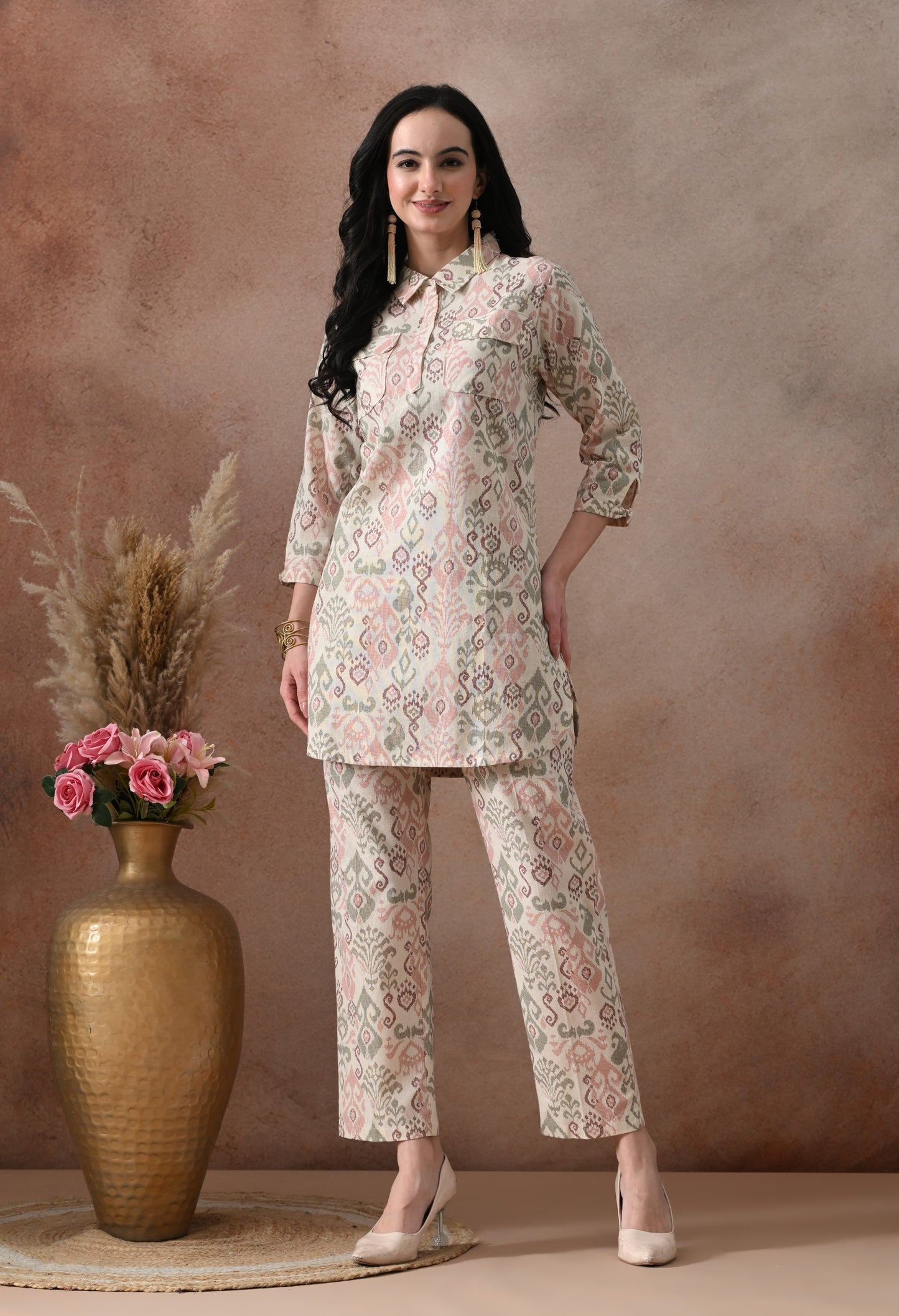 Blush Pink Ikat Print Cotton Co-ord Set – Collared Tunic Top & Straight Pants