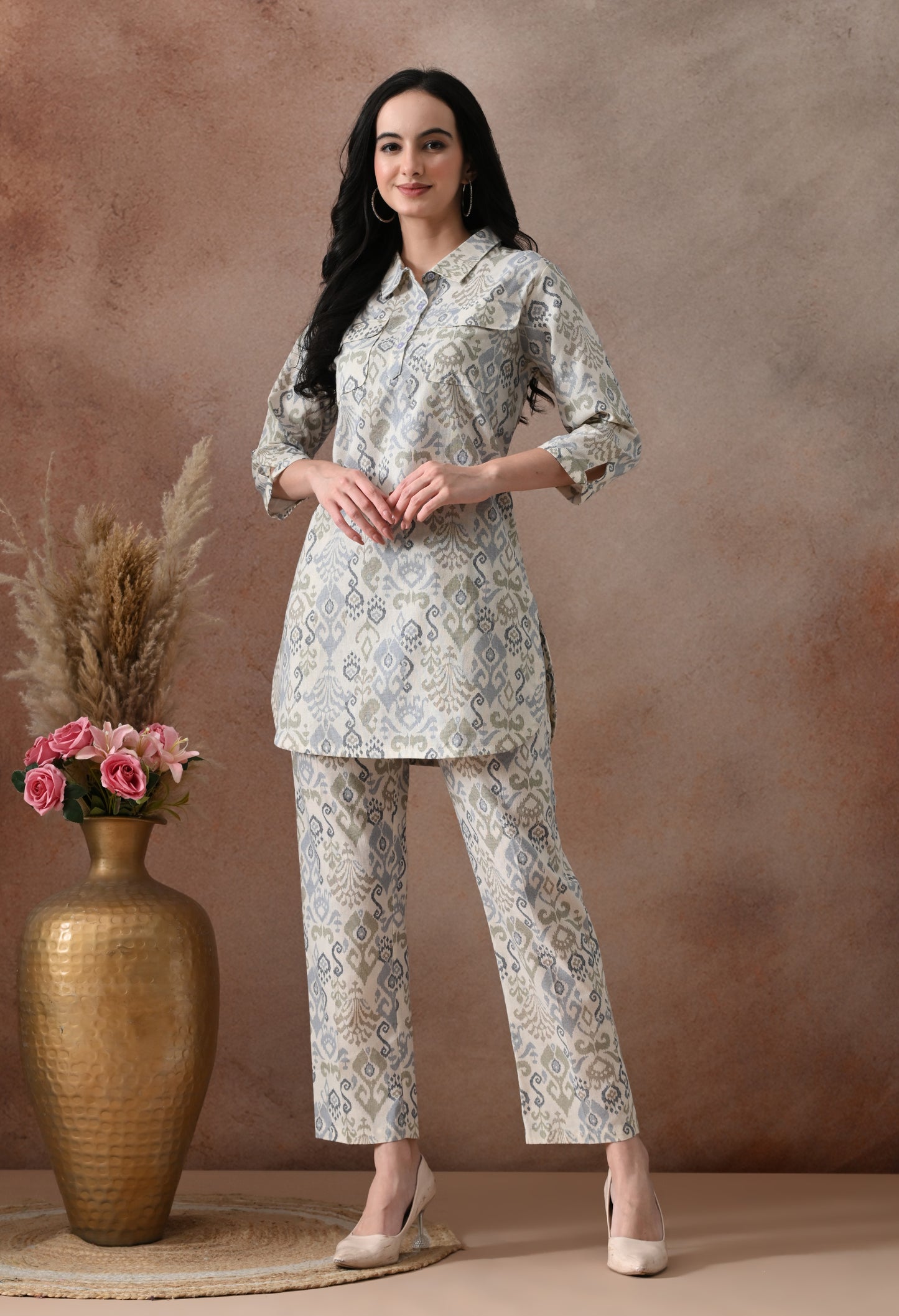 Blue Ikat Print Cotton Co-ord Set – Collared Tunic Top & Straight Pants