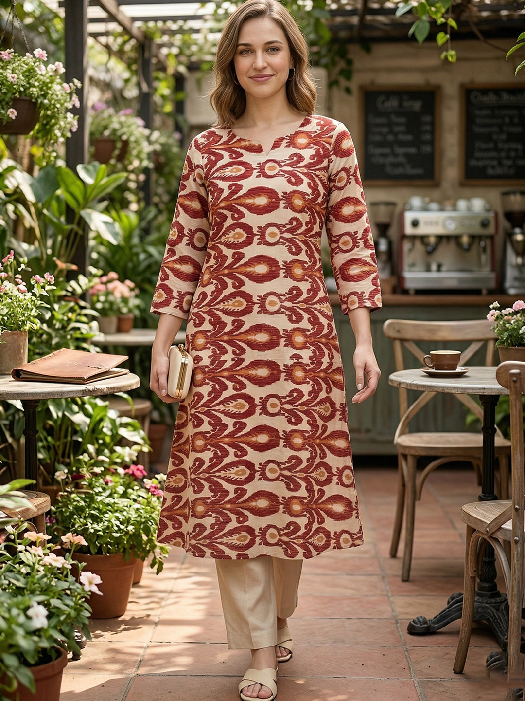 Maroon Ikat Print Cotton Kurta – Notch Neck Straight Kurta for Women