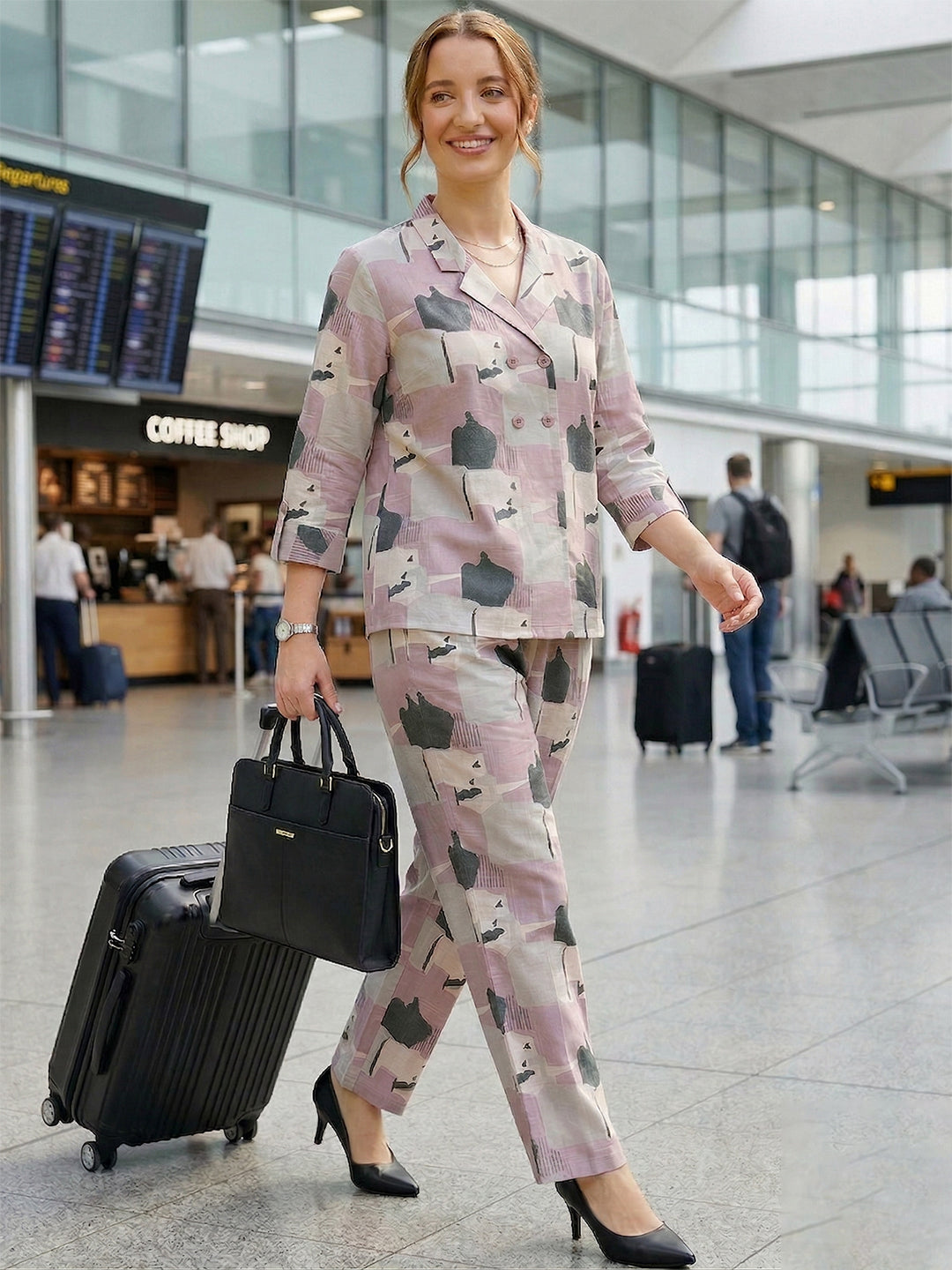 Mauve Abstract Print Cotton Co-ord Set – Notch Lapel Shirt & Straight Pants