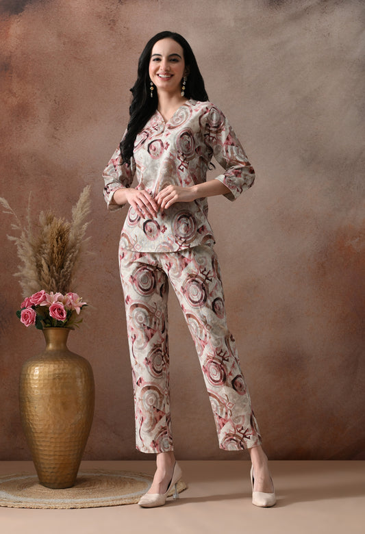 Artistic Abstract Print V-Neck Co-ord Set