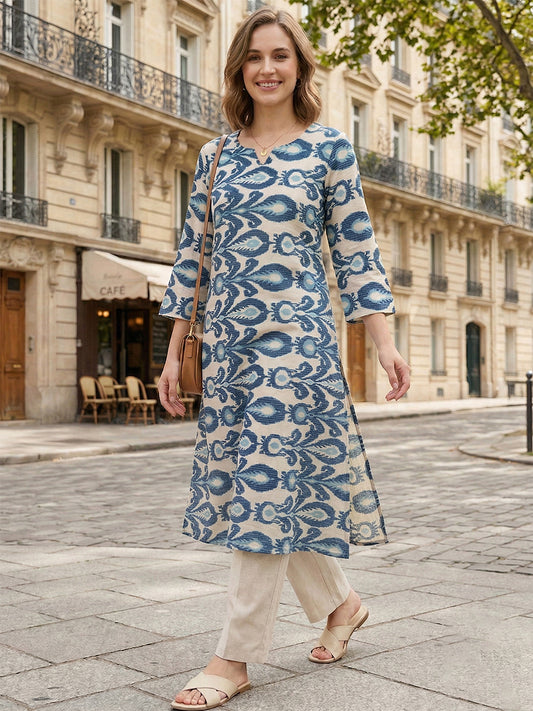 Blue Ikat Print Cotton Kurta – Notch Neck Straight Kurta for Women