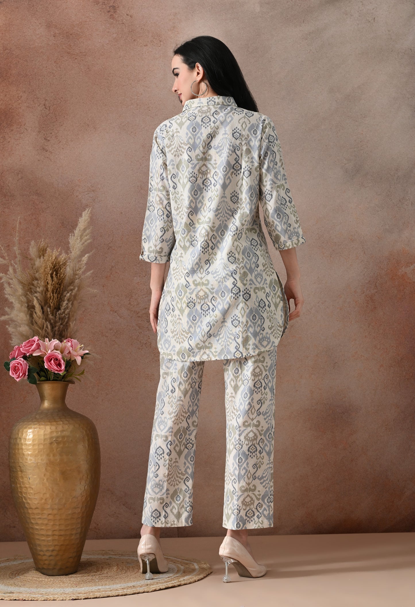 Blue Ikat Print Cotton Co-ord Set – Collared Tunic Top & Straight Pants