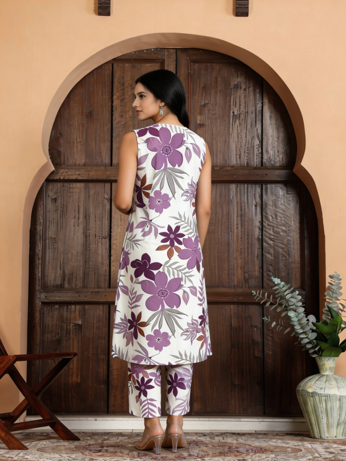 Boho Purple Floral Sleeveless Kurta & Pant Set