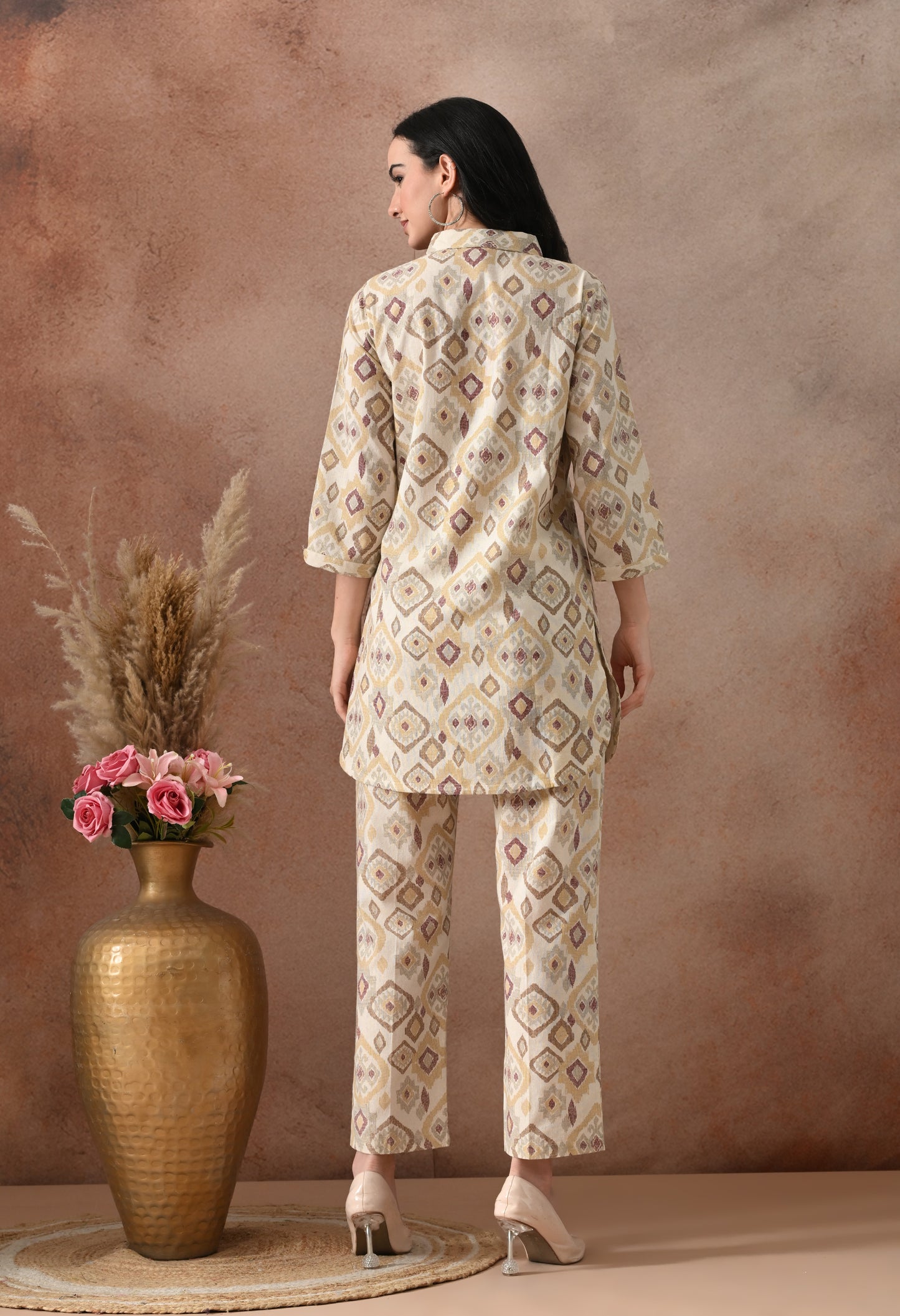 Beige Ikat Print Cotton Co-ord Set – Collared Tunic Top & Straight Pants