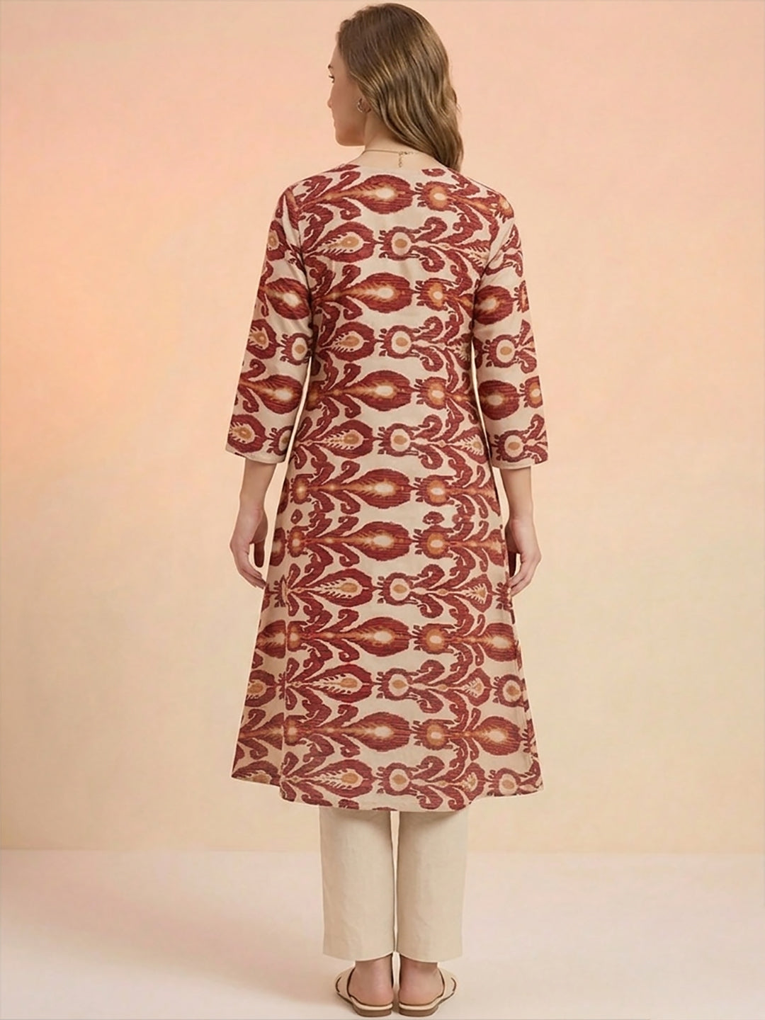 Maroon Ikat Print Cotton Kurta – Notch Neck Straight Kurta for Women