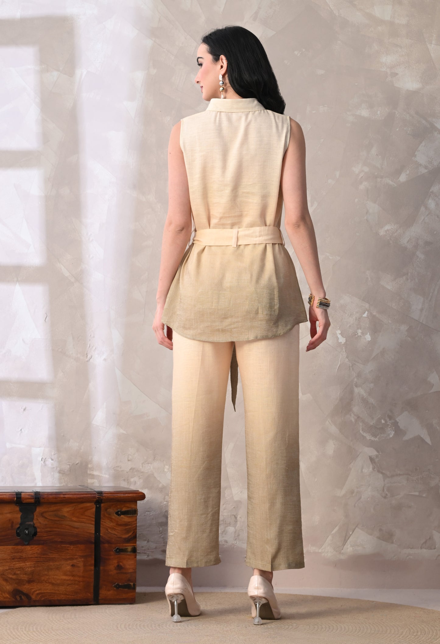 Beige Linen Blend Utility Co-Ord Se