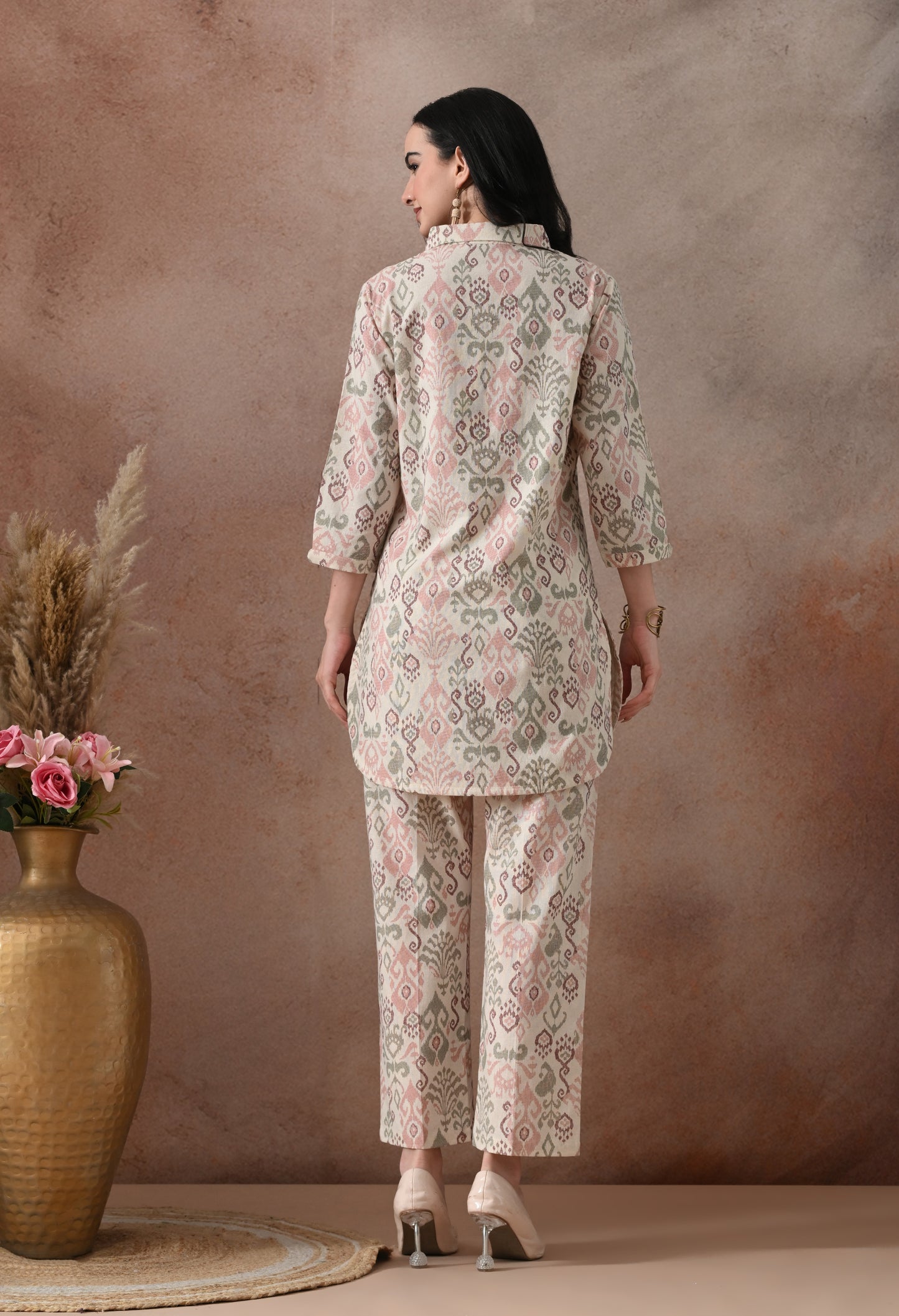 Blush Pink Ikat Print Cotton Co-ord Set – Collared Tunic Top & Straight Pants