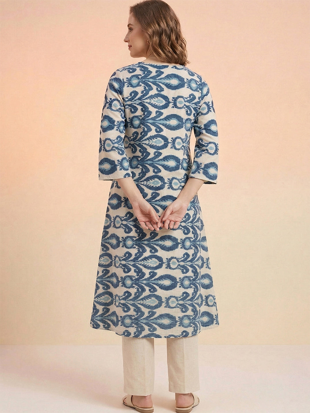 Blue Ikat Print Cotton Kurta – Notch Neck Straight Kurta for Women