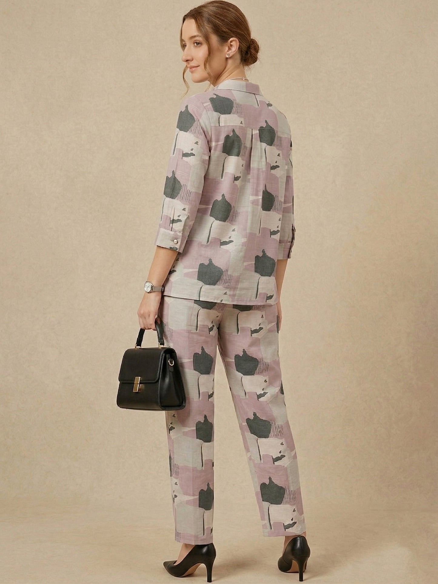 Mauve Abstract Print Cotton Co-ord Set – Notch Lapel Shirt & Straight Pants