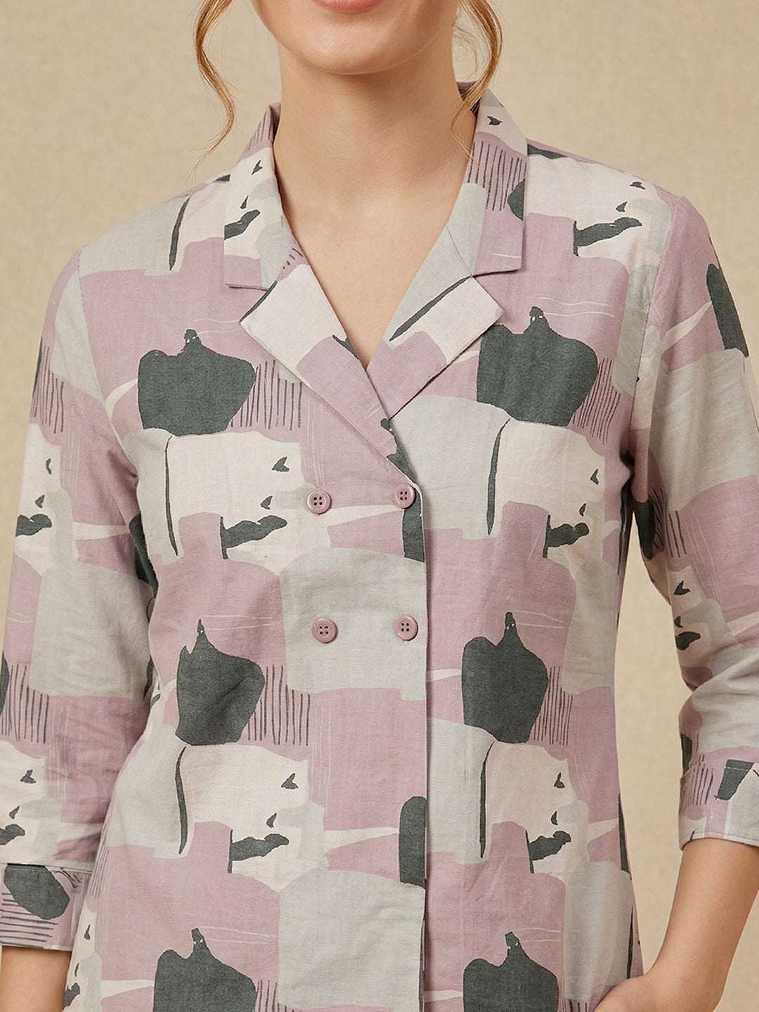 Mauve Abstract Print Cotton Co-ord Set – Notch Lapel Shirt & Straight Pants