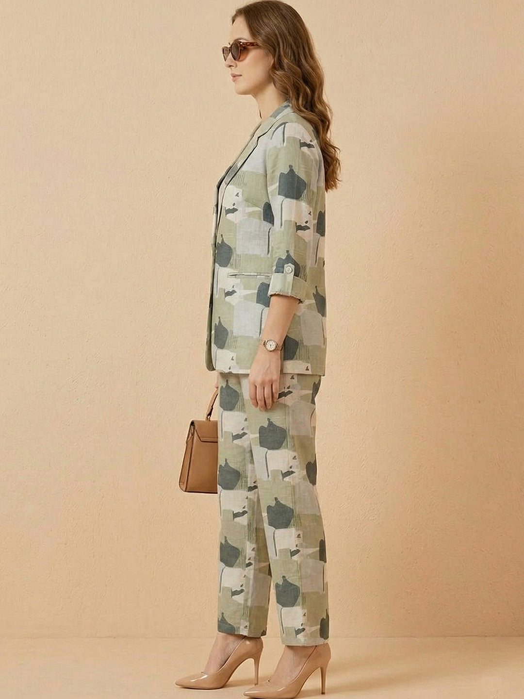 Sage Green Abstract Print Cotton Co-ord Set – Notch Lapel Shirt & Straight Pants