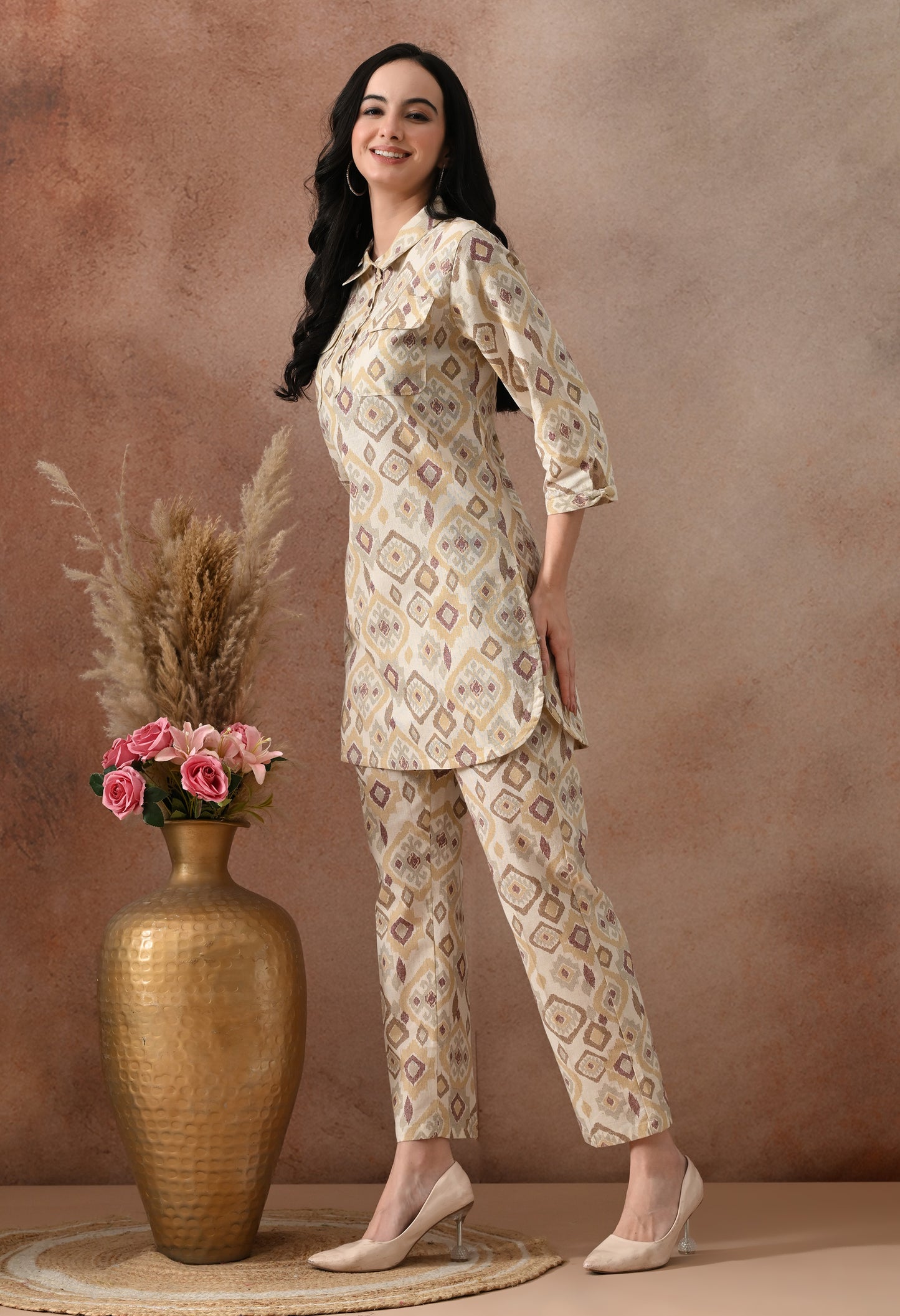 Beige Ikat Print Cotton Co-ord Set – Collared Tunic Top & Straight Pants