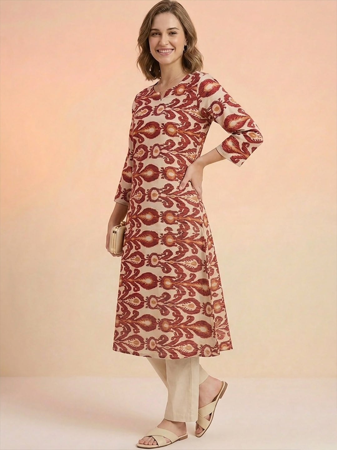 Maroon Ikat Print Cotton Kurta – Notch Neck Straight Kurta for Women