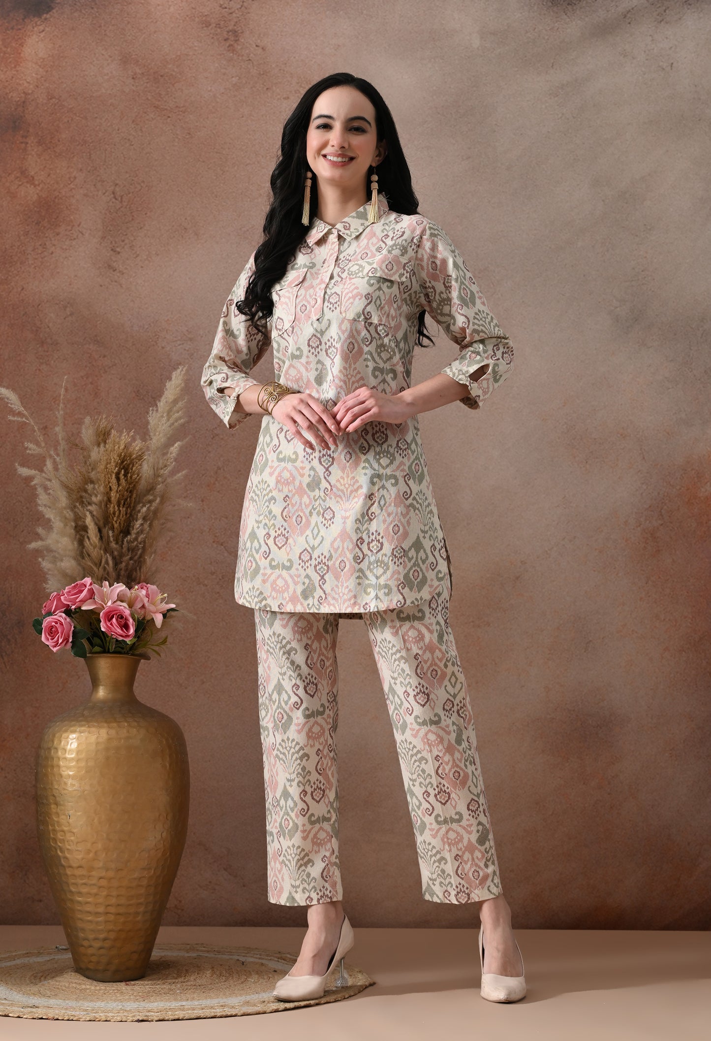 Blush Pink Ikat Print Cotton Co-ord Set – Collared Tunic Top & Straight Pants