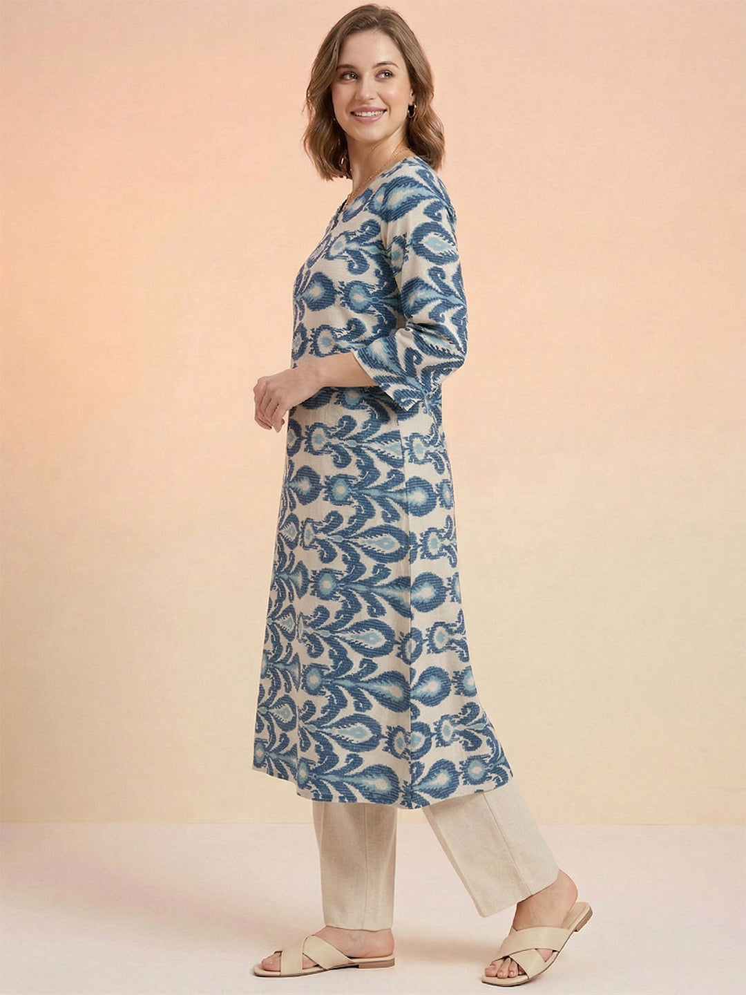 Blue Ikat Print Cotton Kurta – Notch Neck Straight Kurta for Women