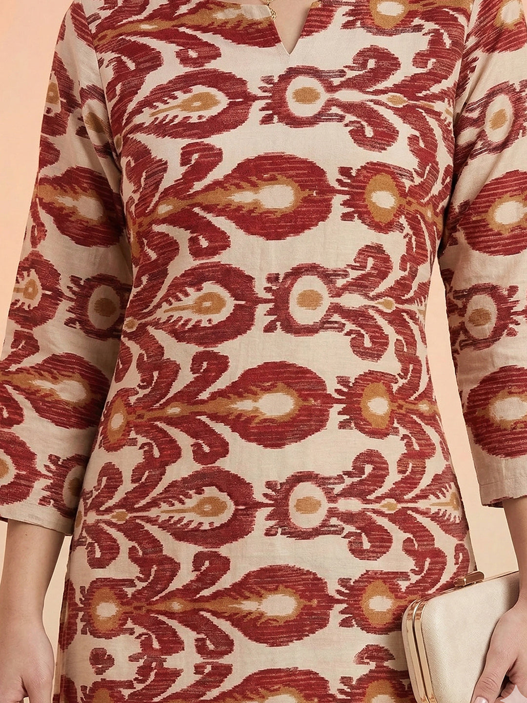 Maroon Ikat Print Cotton Kurta – Notch Neck Straight Kurta for Women