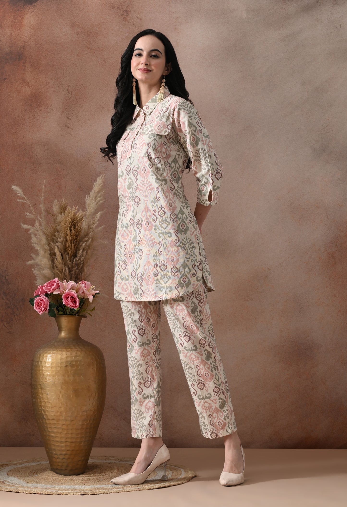 Blush Pink Ikat Print Cotton Co-ord Set – Collared Tunic Top & Straight Pants