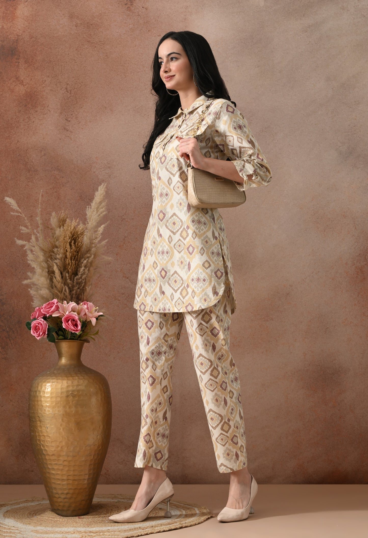 Beige Ikat Print Cotton Co-ord Set – Collared Tunic Top & Straight Pants