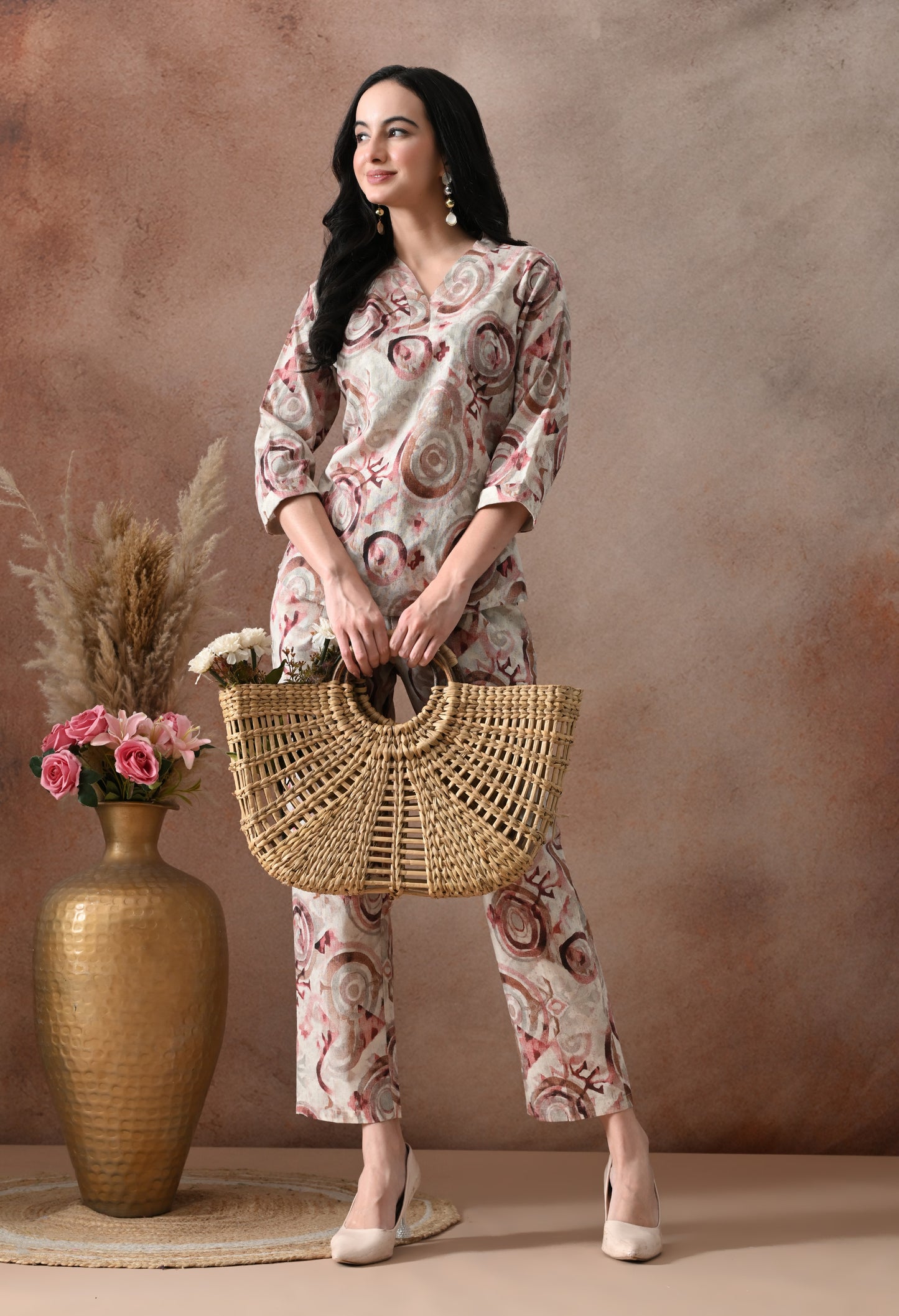 Artistic Abstract Print V-Neck Co-ord Set