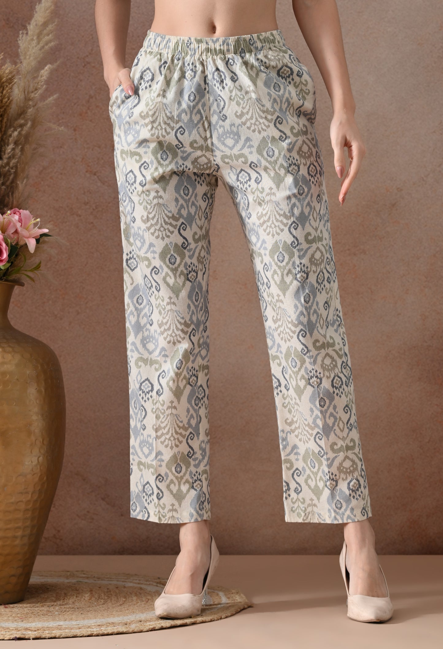 Blue Ikat Print Cotton Co-ord Set – Collared Tunic Top & Straight Pants