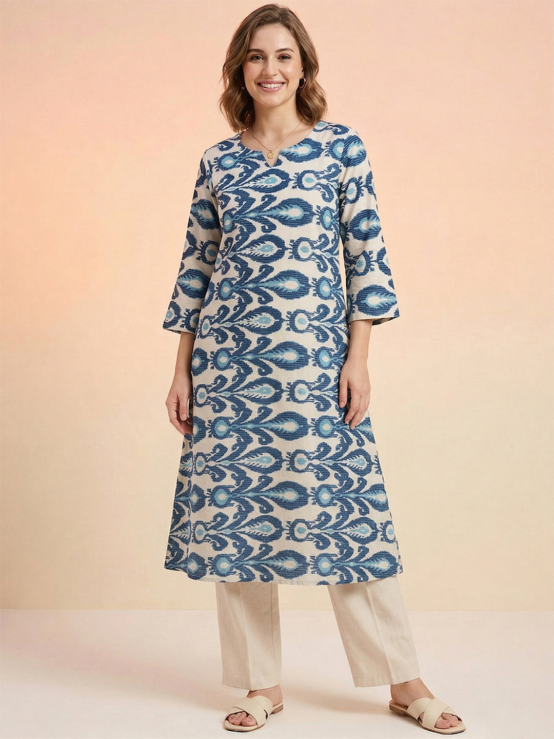 Blue Ikat Print Cotton Kurta – Notch Neck Straight Kurta for Women