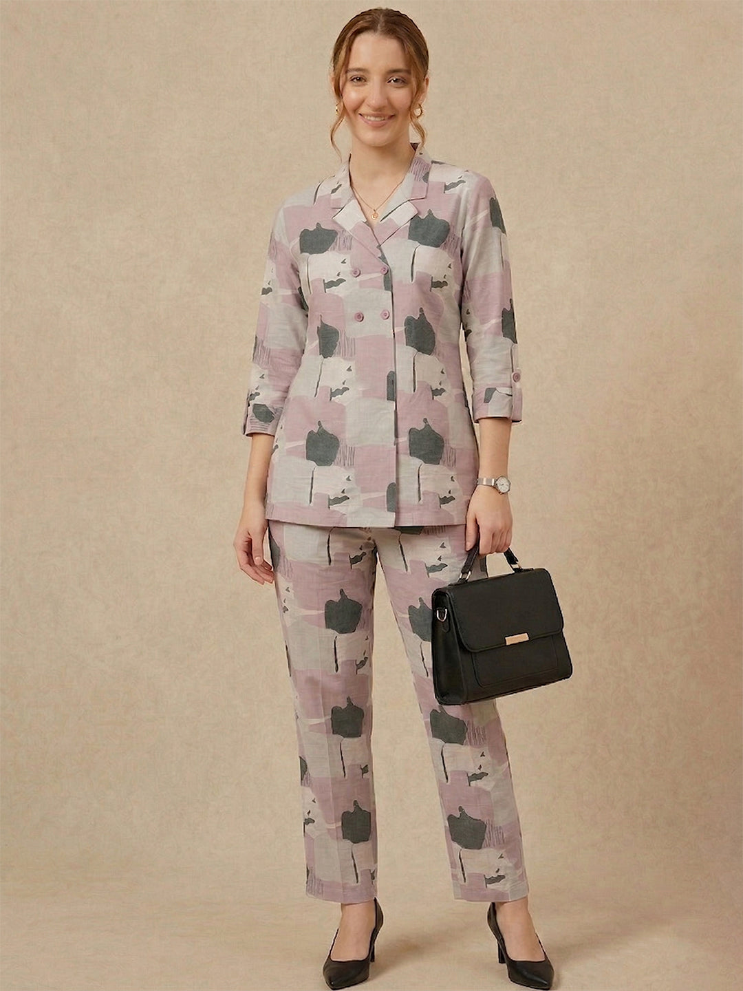 Mauve Abstract Print Cotton Co-ord Set – Notch Lapel Shirt & Straight Pants