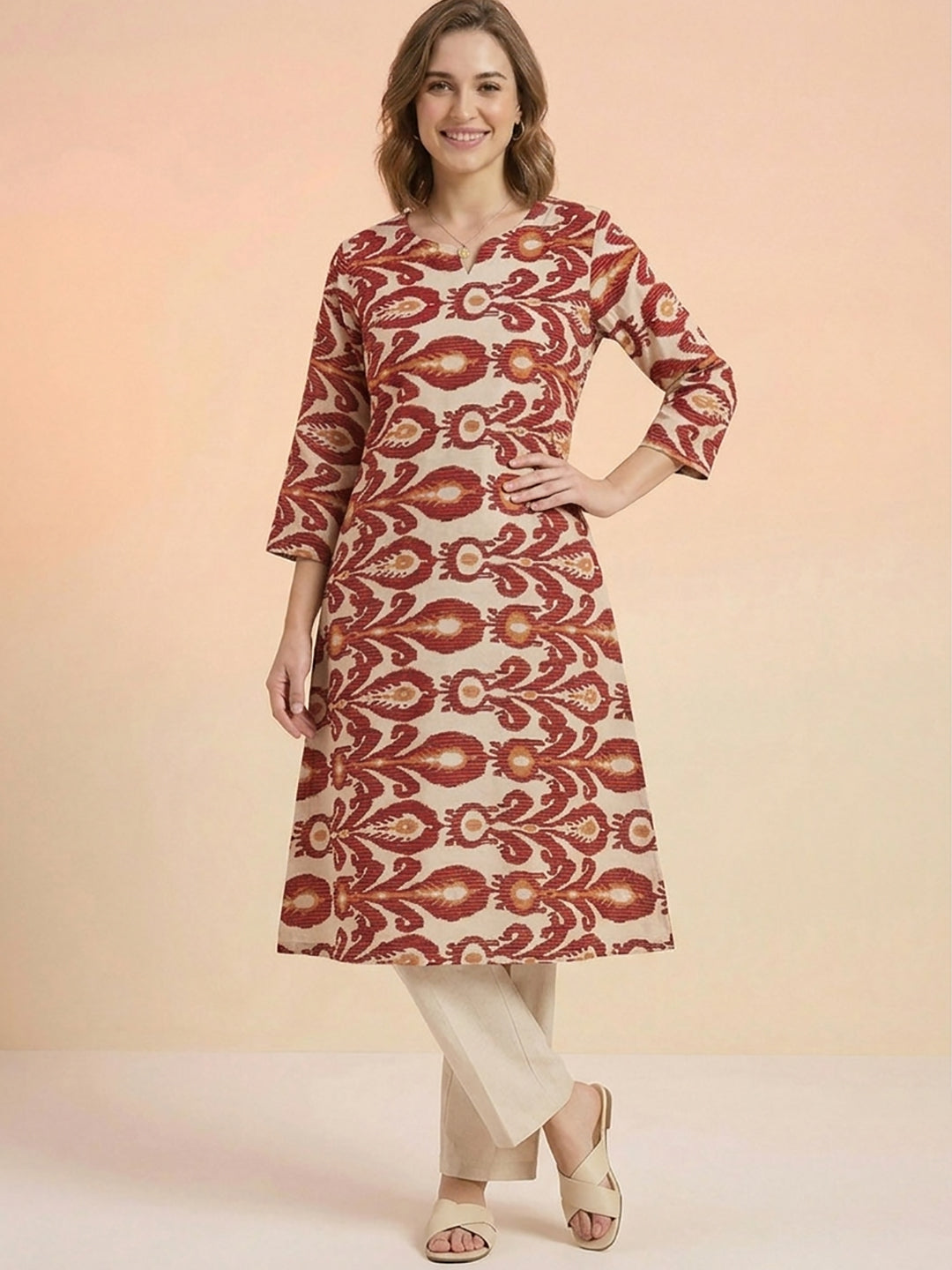 Maroon Ikat Print Cotton Kurta – Notch Neck Straight Kurta for Women