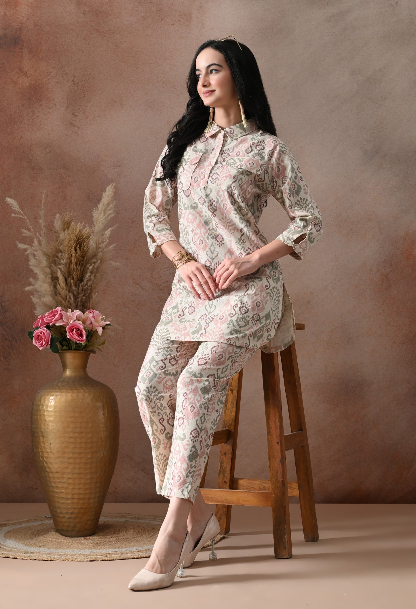 Blush Pink Ikat Print Cotton Co-ord Set – Collared Tunic Top & Straight Pants