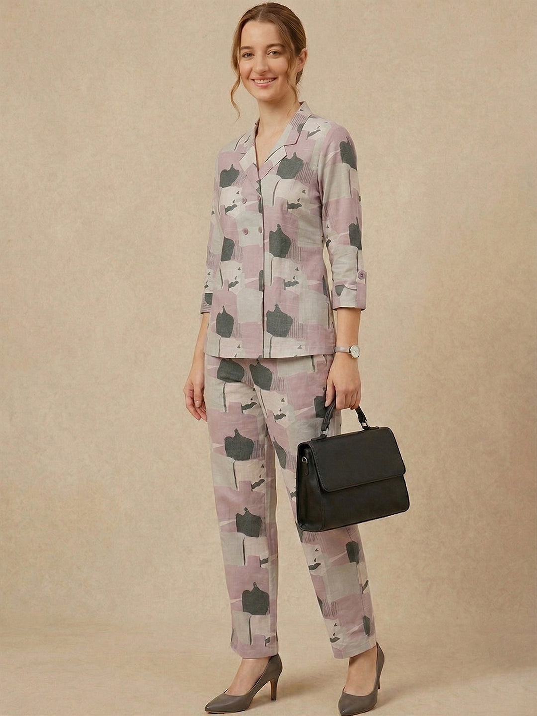 Mauve Abstract Print Cotton Co-ord Set – Notch Lapel Shirt & Straight Pants