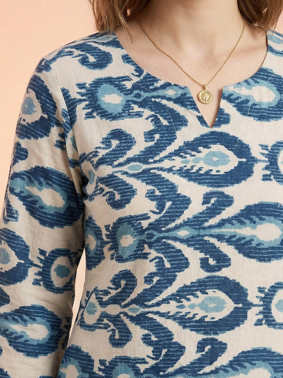 Blue Ikat Print Cotton Kurta – Notch Neck Straight Kurta for Women