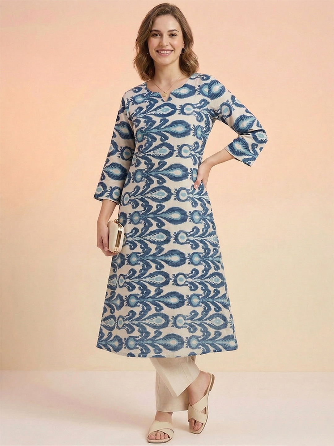 Blue Ikat Print Cotton Kurta – Notch Neck Straight Kurta for Women