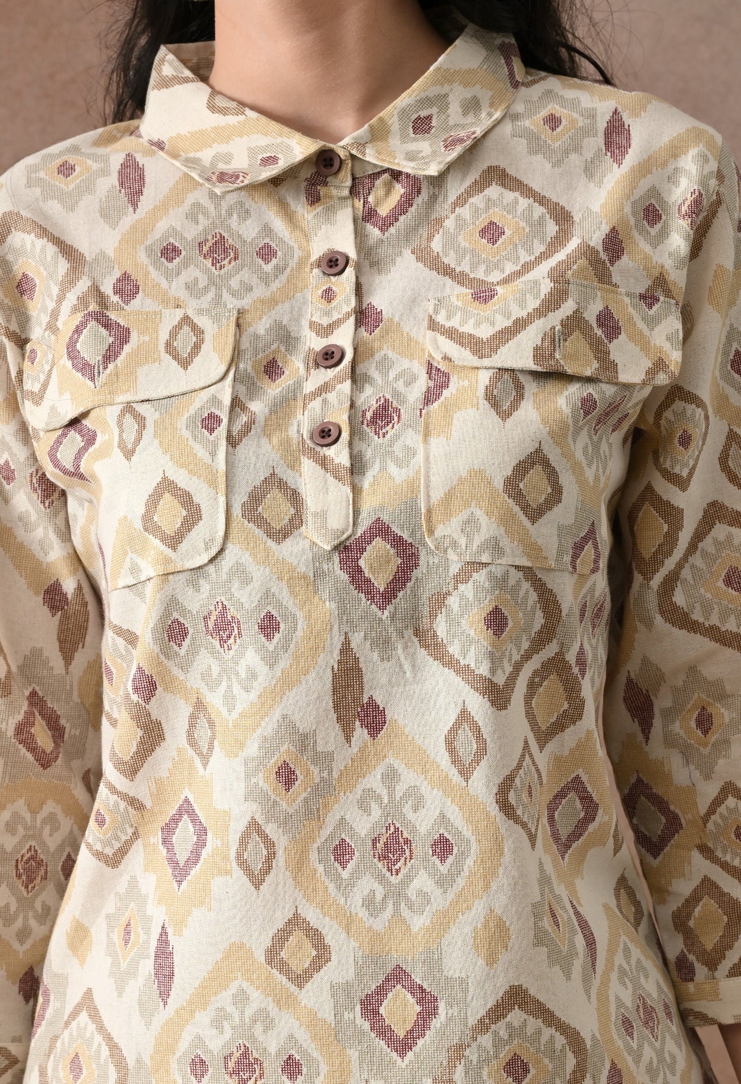 Beige Ikat Print Cotton Co-ord Set – Collared Tunic Top & Straight Pants