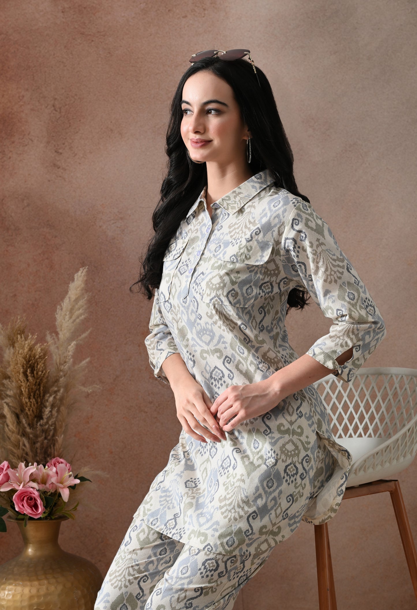 Blue Ikat Print Cotton Co-ord Set – Collared Tunic Top & Straight Pants