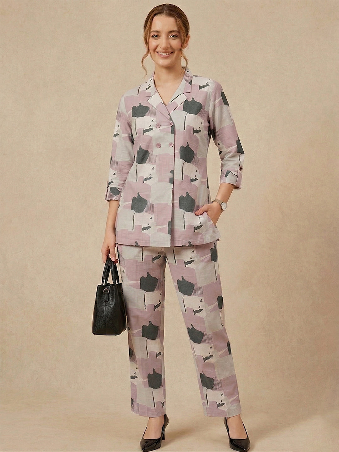Mauve Abstract Print Cotton Co-ord Set – Notch Lapel Shirt & Straight Pants
