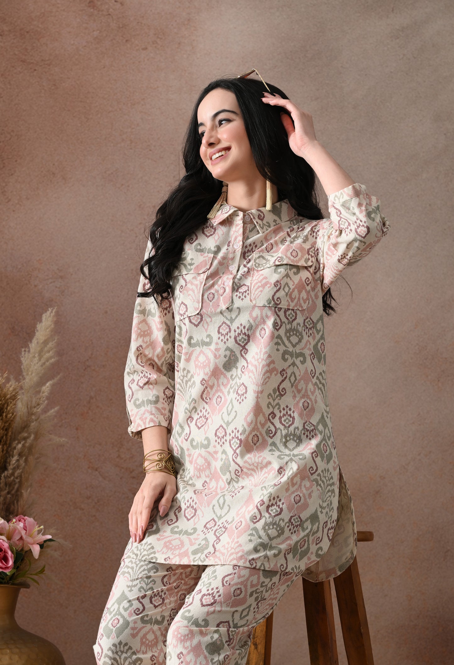 Blush Pink Ikat Print Cotton Co-ord Set – Collared Tunic Top & Straight Pants