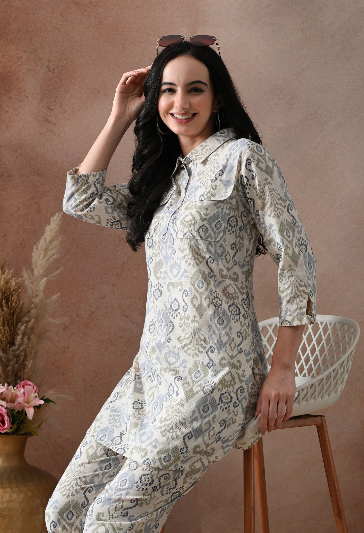 Blue Ikat Print Cotton Co-ord Set – Collared Tunic Top & Straight Pants